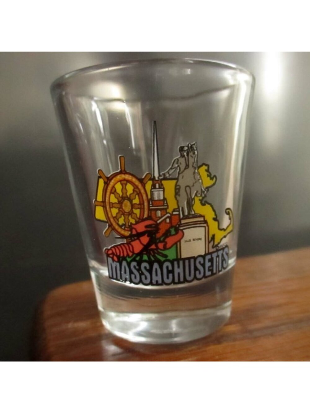 Vtg MASSACHUSETTS Enameled Shot Glass Collectible Souvenir Barware